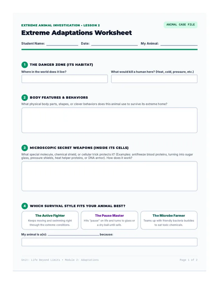Extreme Adaptations Worksheet