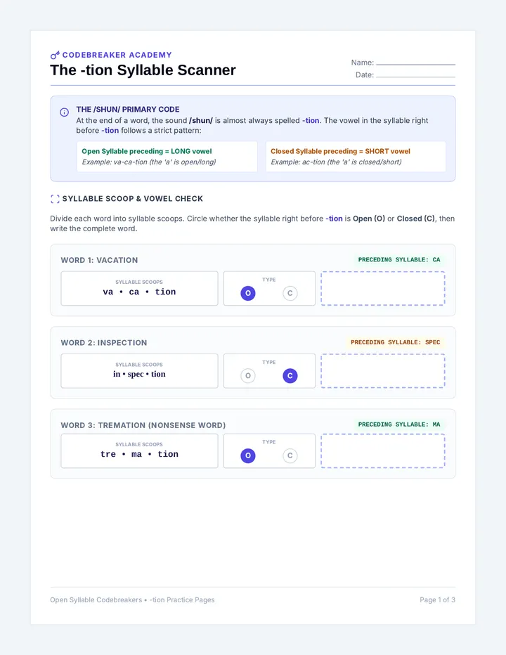 Suffix -tion Practice Pages