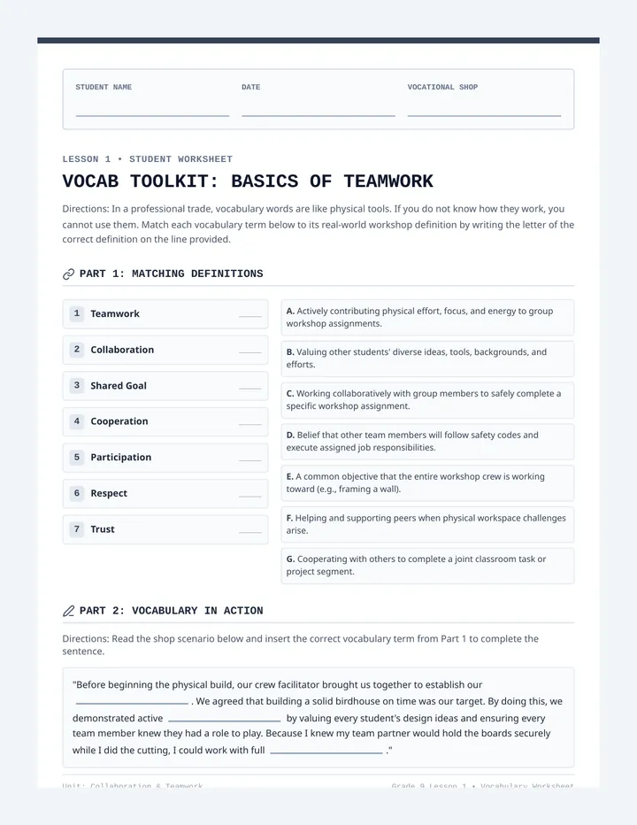 Basics of Teamwork Vocabulary Worksheet