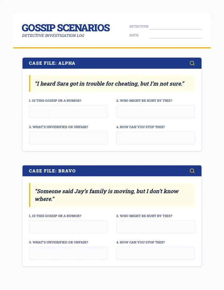 Gossip Scenarios Cards Worksheet