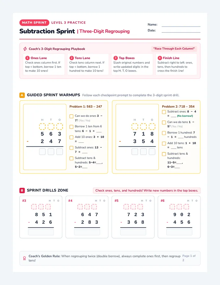 Subtraction Sprint Worksheet