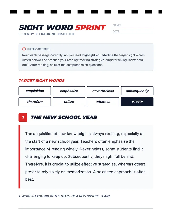 Sight Word Sprint Worksheet