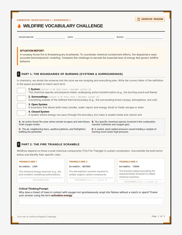 Wildfire Vocabulary Challenge Worksheet