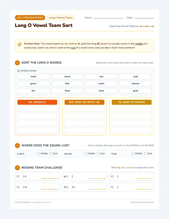 Long O Sort Worksheet