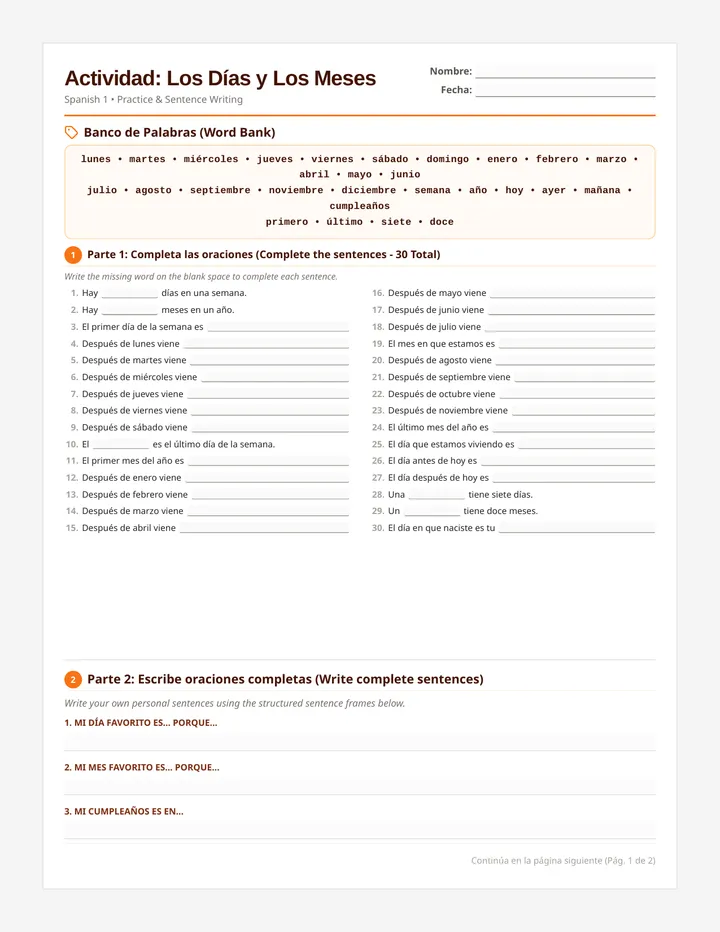 Dias y Meses Practice Worksheet