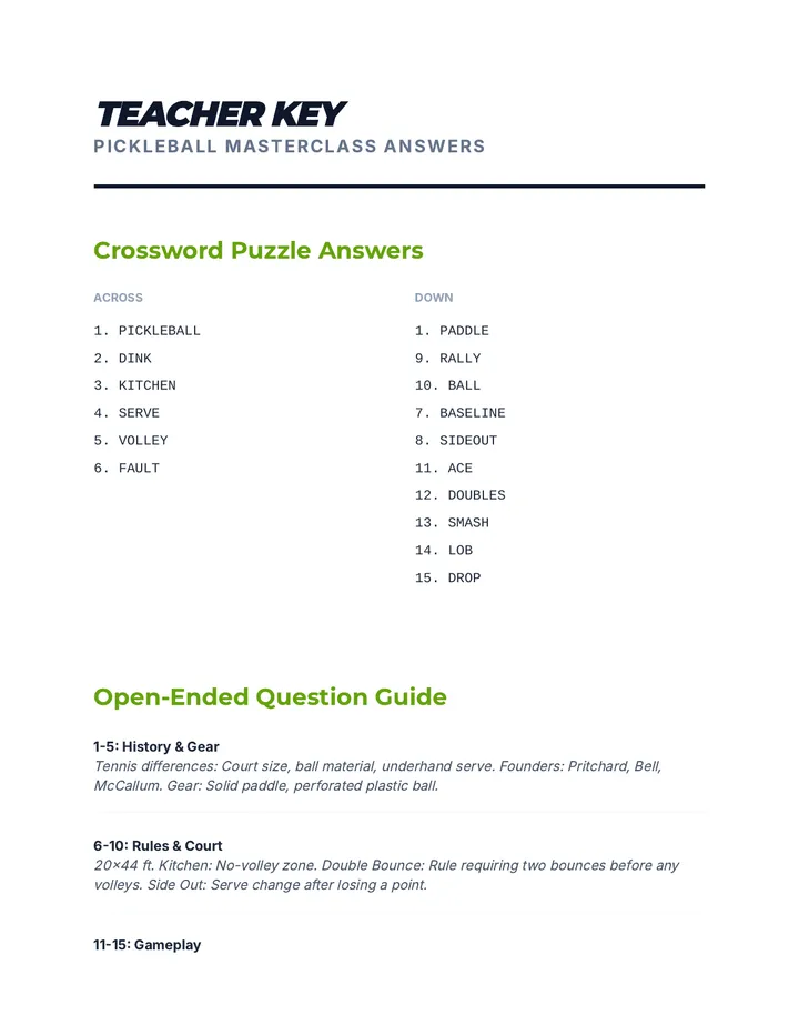 Pickleball Answer Key Teacher Resource