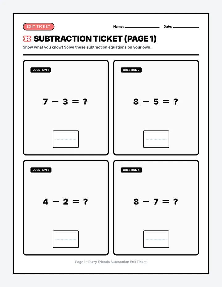 Furry Friends Subtraction Exit Ticket
