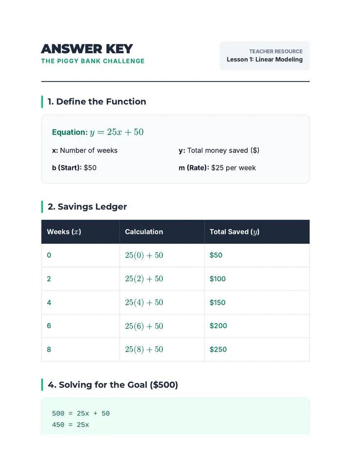Piggy Bank Answer Key