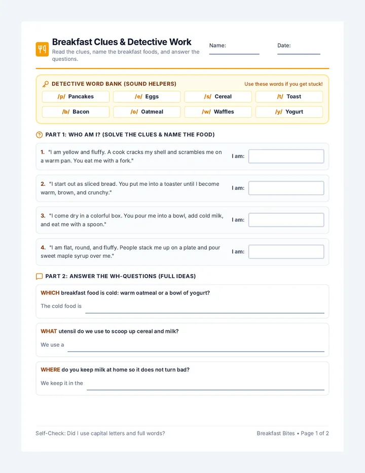 Breakfast Clues Activity Worksheet
