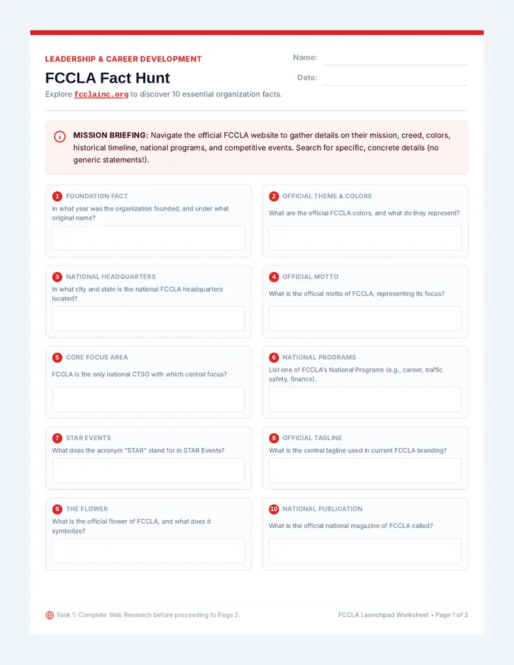 FCCLA Launchpad Student Worksheet