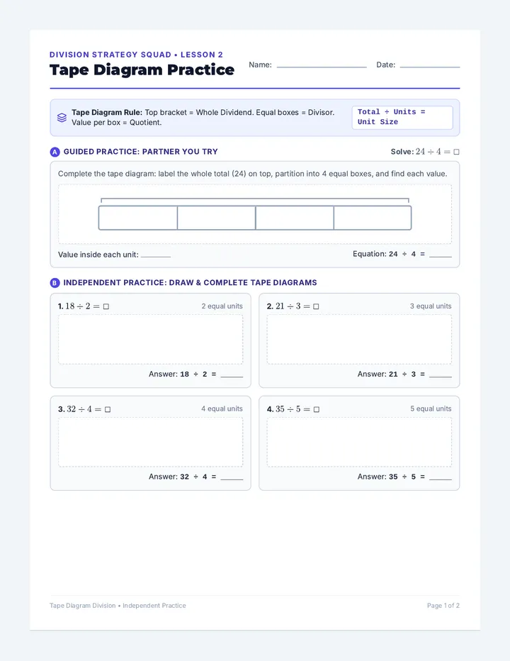 Tape Diagram Practice Worksheet