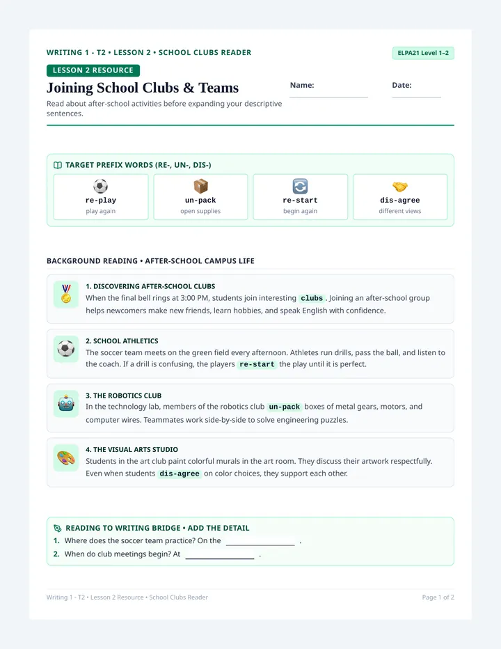 School Clubs Background Reader