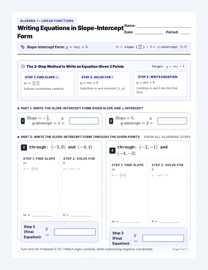 Writing Equations Practice Worksheet