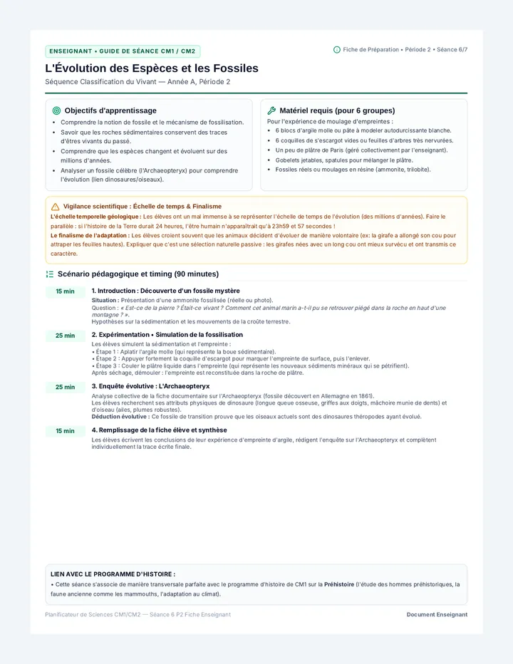 L'Évolution et les Fossiles Fiche Enseignant
