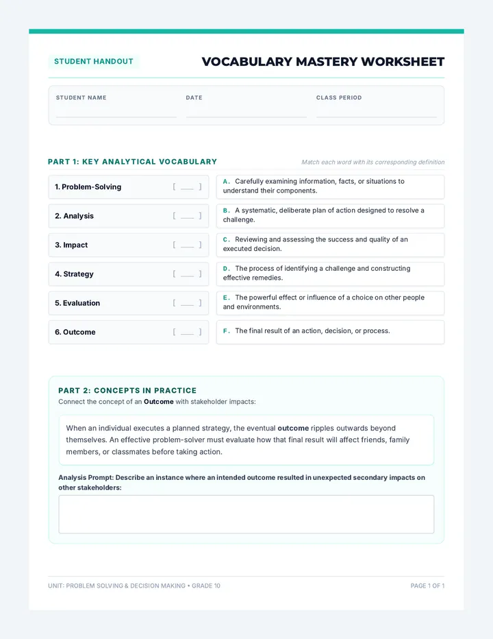 Grade 10 Vocabulary Worksheet