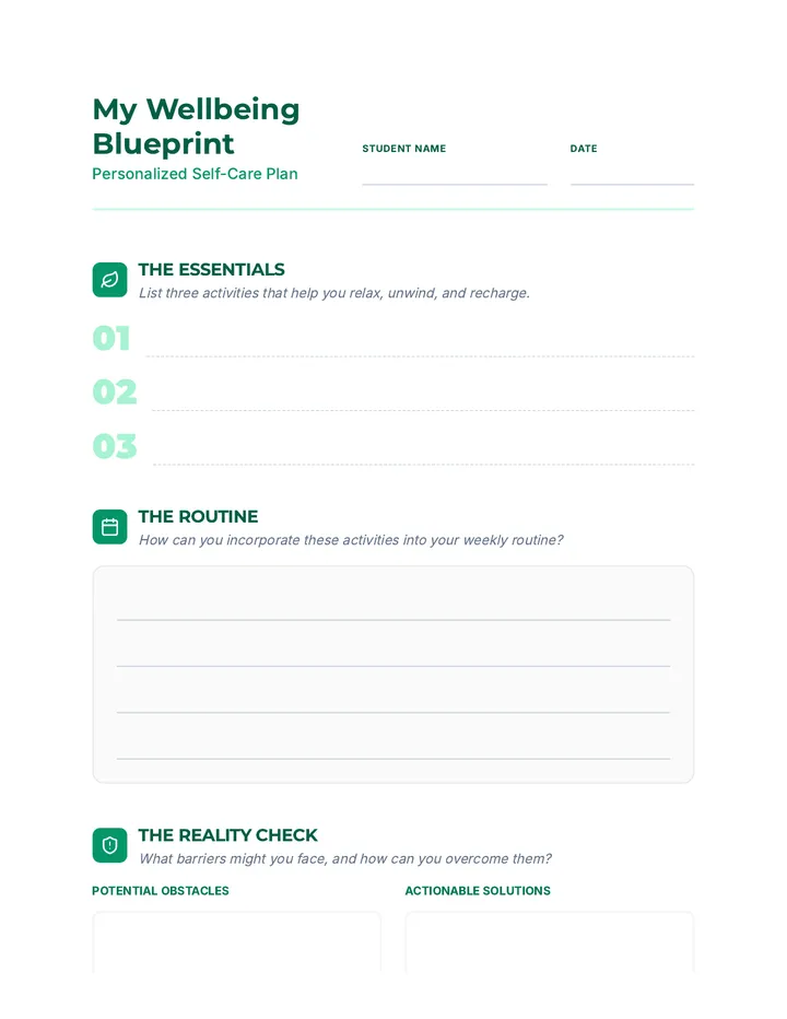 Self Care Plan Worksheet