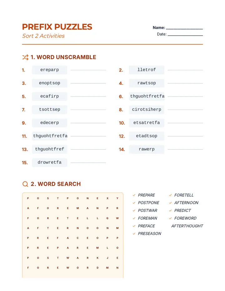 Prefix Power Sort 2 Puzzles Activity Sheet
