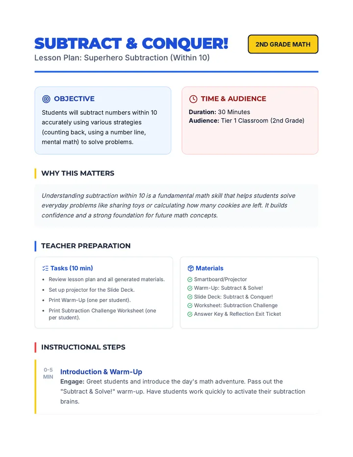 Subtract Conquer Lesson Plan