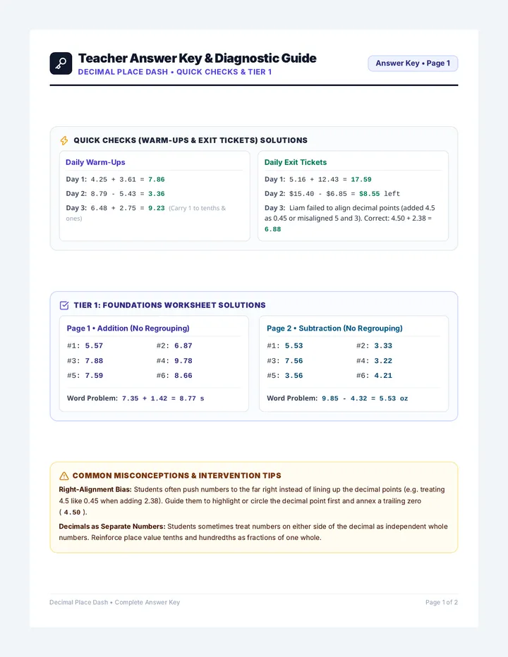 Decimal Operations Answer Key