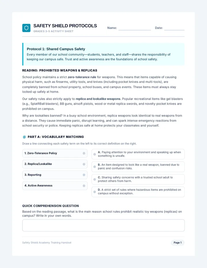 Safety Shield Worksheet