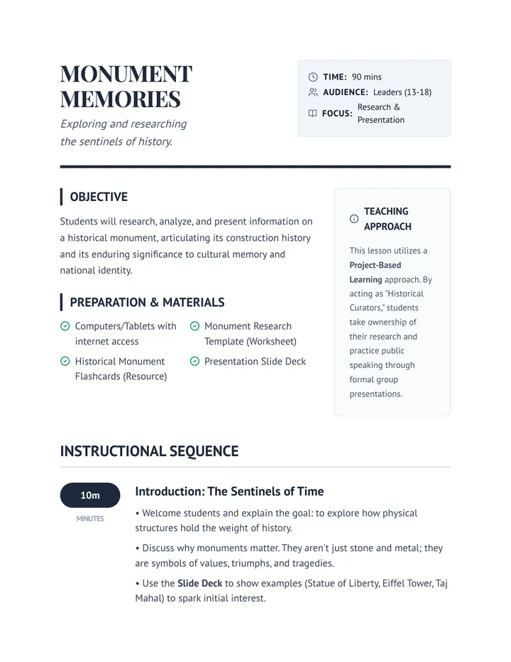 Monument Memories Lesson Plan