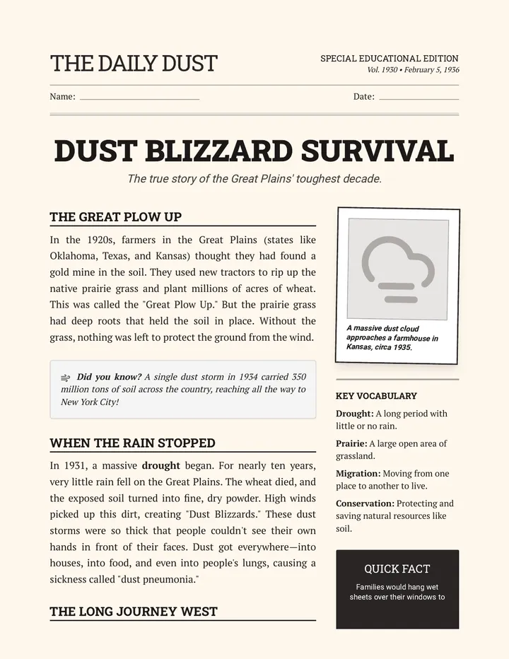 Dust Blizzard Survival Worksheet