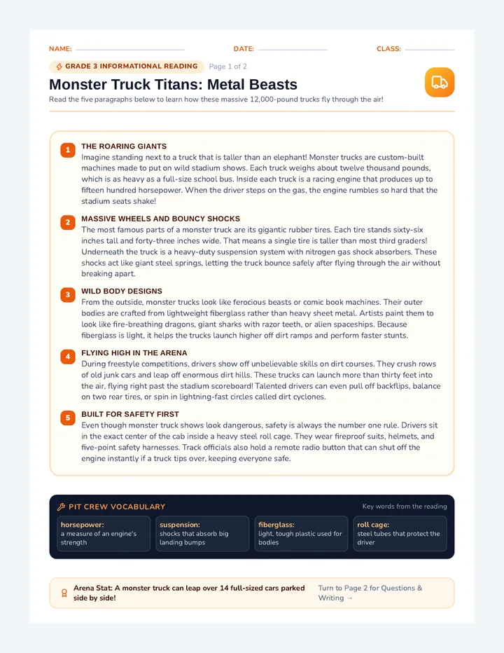 Monster Truck Titans Reading Packet