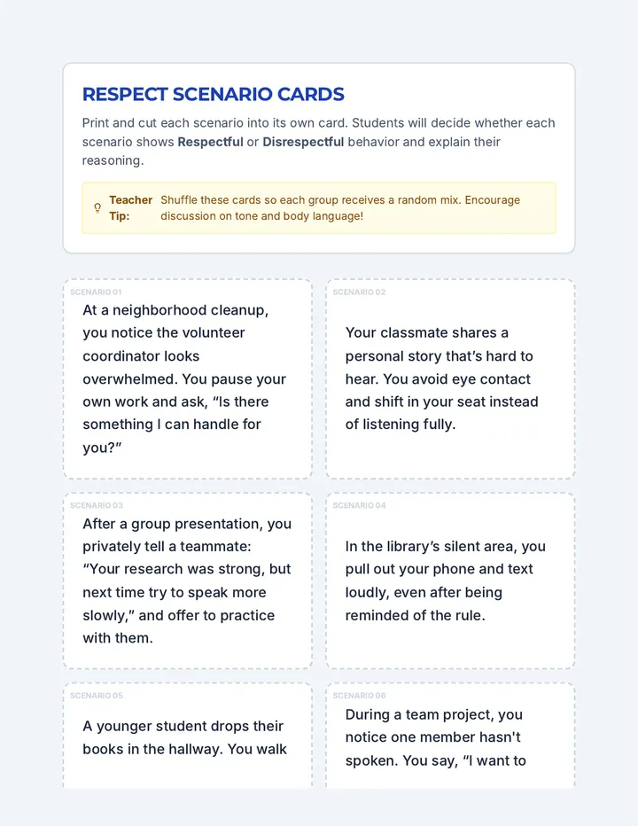 Respect Scenario Cards Activity