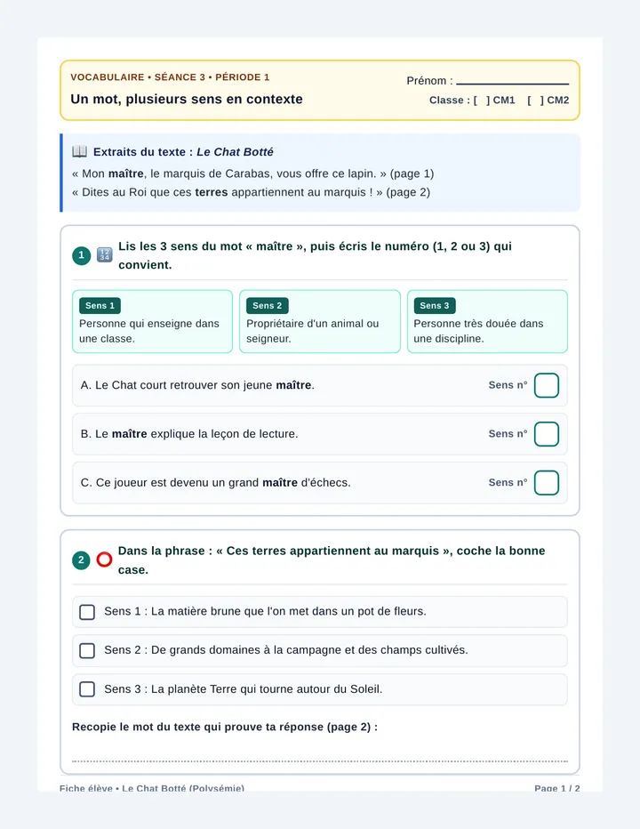 Polysémie Chat Botté Fiche Élève