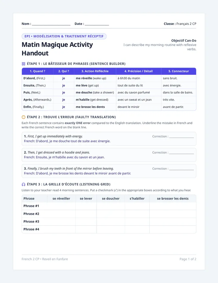 Matin Magique Activity Handout