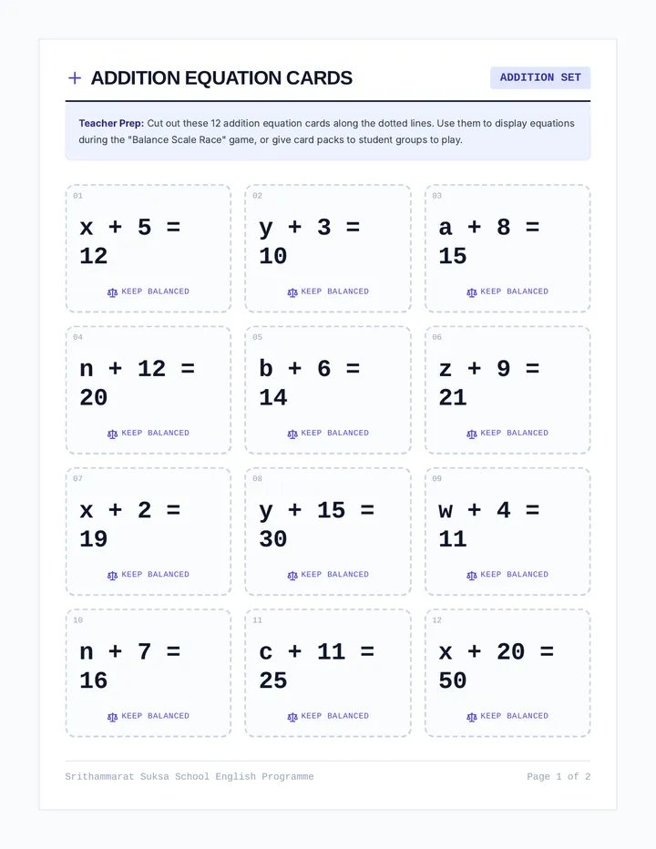Balance Scale Equation Cards
