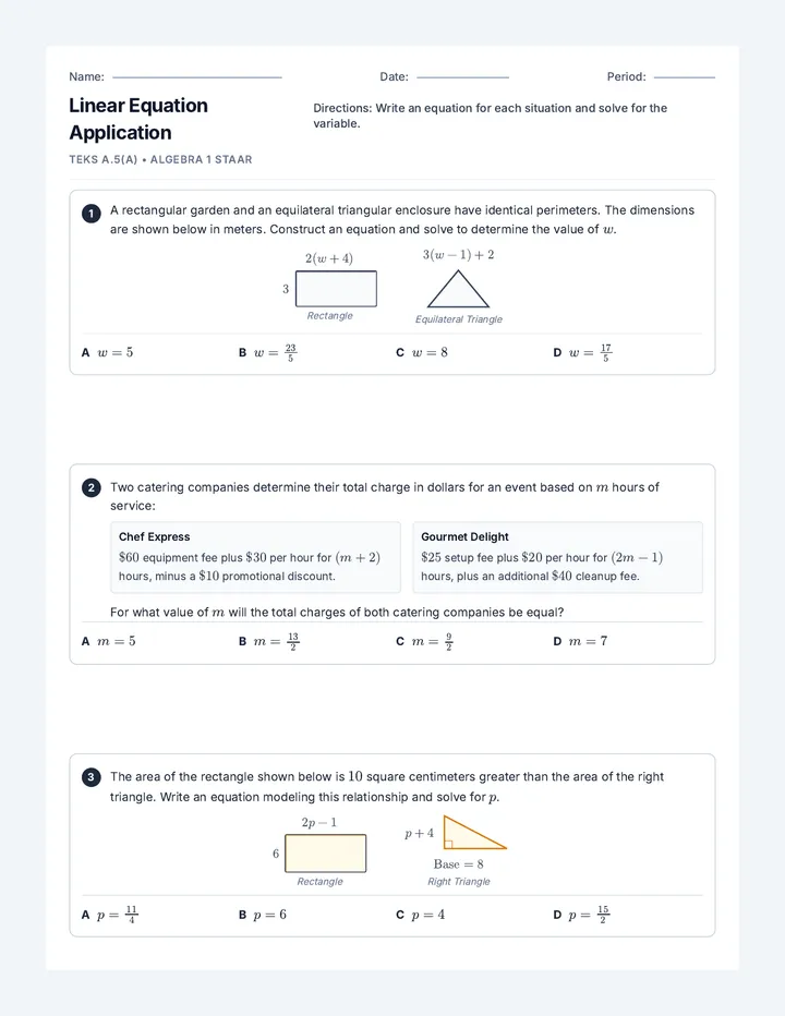 STAAR Equation Solving Practice Sheet