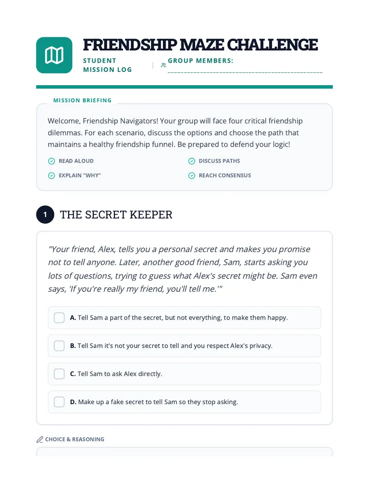 Friendship Maze Challenge Game Sheet