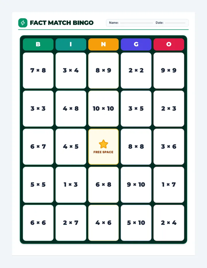 Fact Match Bingo Cards