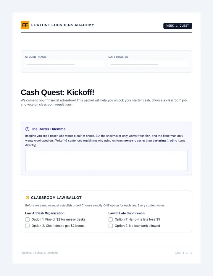 Cash Quest Activity Pack