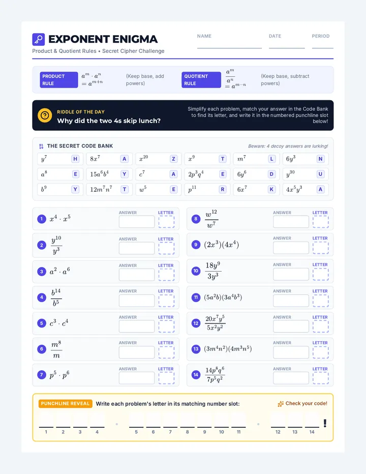 Exponent Enigma Worksheet