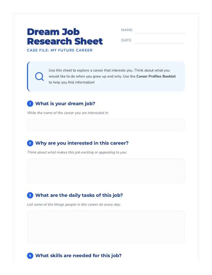 Dream Job Research Sheet Worksheet