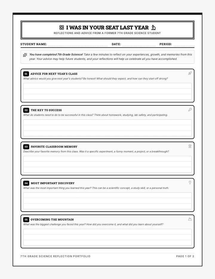 Seat Reflections Worksheet page 1