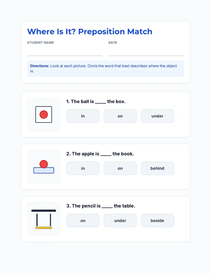 Preposition Matching Worksheet
