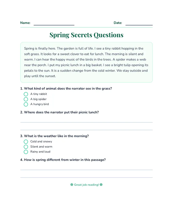 Spring Secrets Questions Worksheet