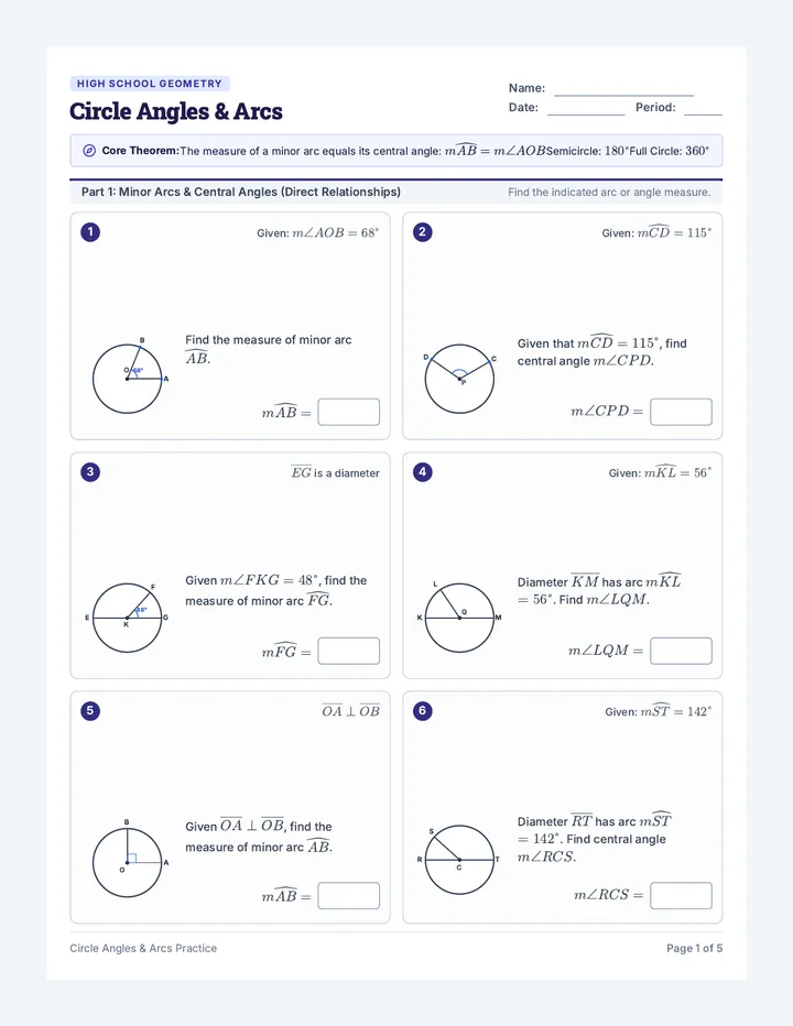 Circle Angles and Arcs Worksheet