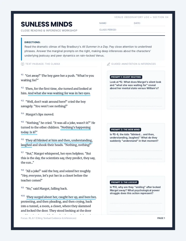 Sunless Minds Close Reading Worksheet