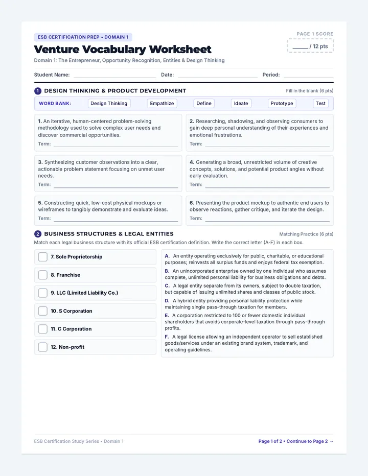 Venture Vocabulary Worksheet
