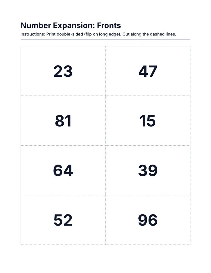 Number Expansion Flashcards page 1
