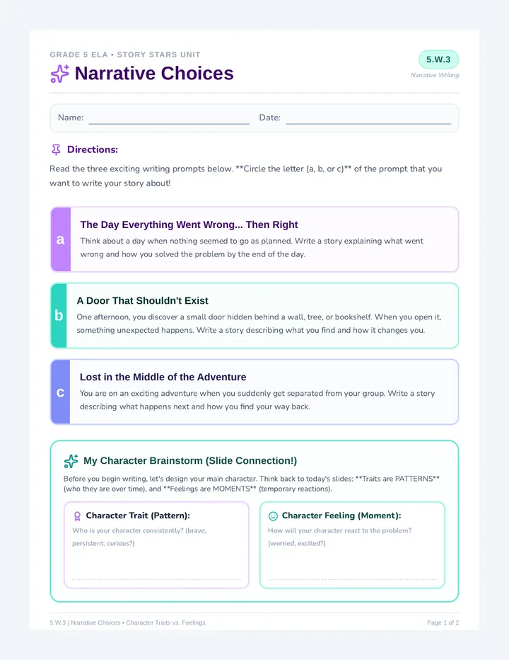 Narrative Choices Worksheet