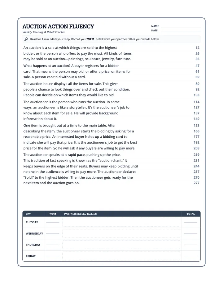Auction Action Fluency Worksheet