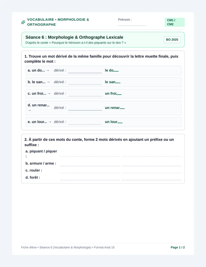 Herisson Morphologie Fiche Eleve