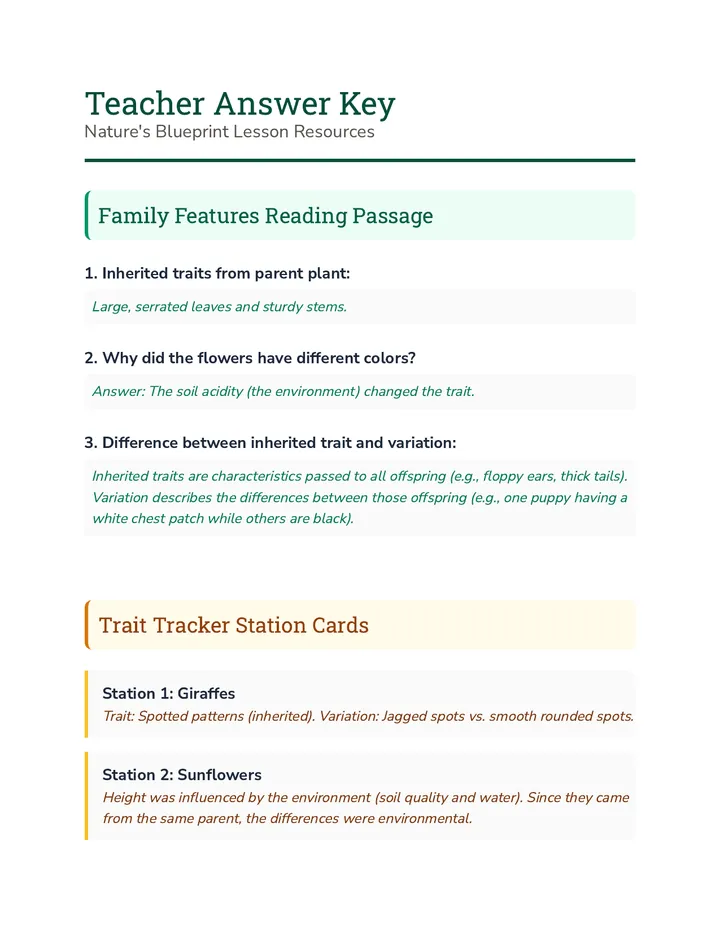 Family Features Answer Key