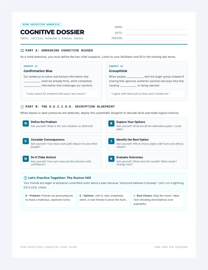 Mind Detectives Quick Sheet Worksheet