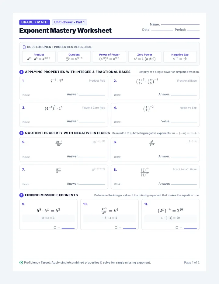 Exponent Mastery Worksheet